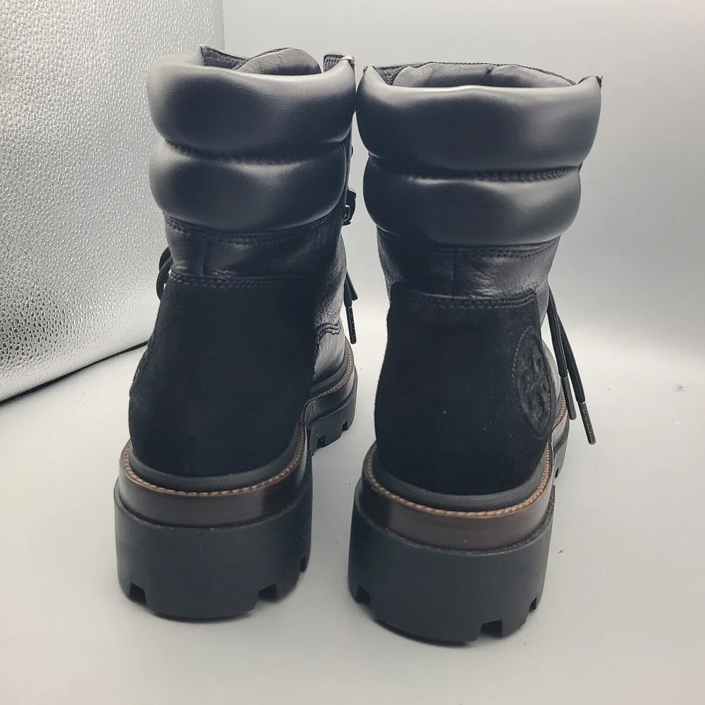 Tory Burch Women Boots Miller Lug Hiker Combat Black Lace Leather Logo 9.5 New